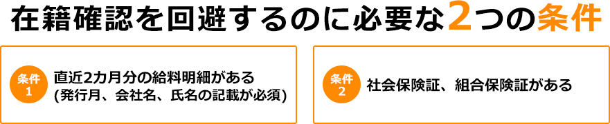 「在籍確認を回避するのに必要な2つの条件」条件1.直近の給与明細がある（発行月、会社名、氏名の記載が必須）条件2.社会保険証、組合保険証がある